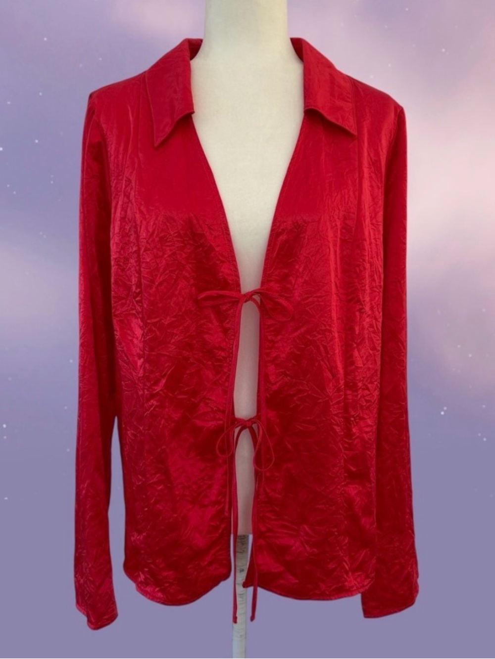 Free People Retro Red Star Eyes Crinkle Satin Collared Top ~ Women’s XL